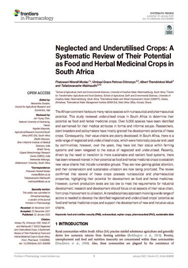 Neglected and underutilised crops: a systematic review of their potential as food and herbal medicinal crops in South Africa (01/31/2022) 