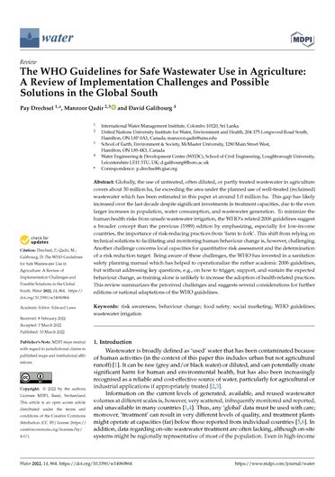 The WHO guidelines for safe wastewater use in agriculture: a review of implementation challenges and possible solutions in the global south (03/15/2022) 