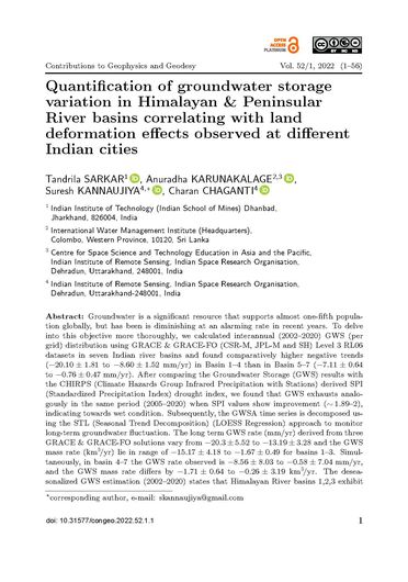 Quantification of groundwater storage variation in Himalayan amp; Peninsular river basins correlating with land deformation effects observed at different Indian cities (04/30/2022) 