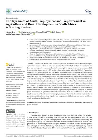 The dynamics of youth employment and empowerment in agriculture and rural development in South Africa: a scoping review (04/30/2022) 