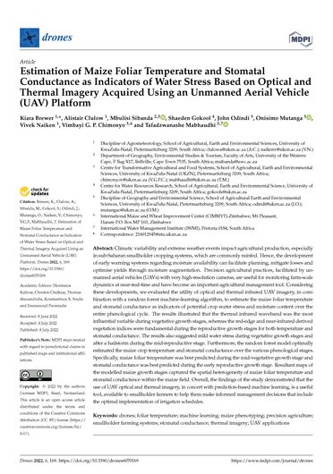 Estimation of maize foliar temperature and stomatal conductance as indicators of water stress based on optical and thermal imagery acquired using an Unmanned Aerial Vehicle (UAV) platform (07/20/2022) 