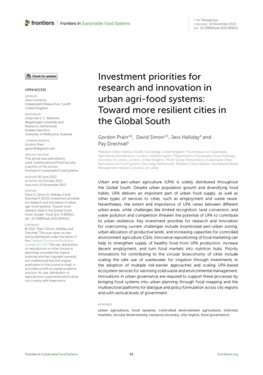 Investment priorities for research and innovation in urban agri-food systems: toward more resilient cities in the Global South (11/15/2022) 