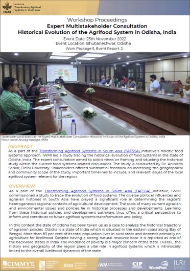 Historical evolution of the agrifood system in Odisha, India. Proceedings of the Workshop on Expert Multistakeholder Consultation - Historical Evolution of the Agrifood System in Odisha, India, Bhubaneshwar, India, 25 November 2022 (01/30/2023) 