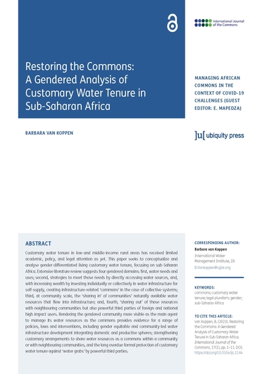 Restoring the commons: a gendered analysis of customary water tenure in Sub-Saharan Africa (02/28/2023) 