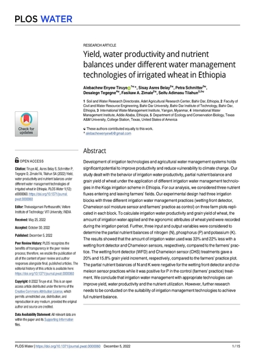 Yield, water productivity and nutrient balances under different water management technologies of irrigated wheat in Ethiopia (04/30/2023) 