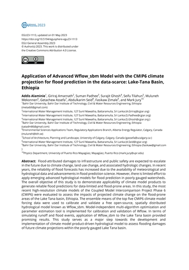 Application of advanced Wflow_sbm Model with the CMIP6 climate projection for flood prediction in the data-scarce: Lake-Tana Basin, Ethiopia [Abstract only] (04/30/2023) 