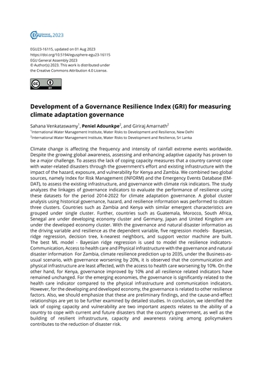 Development of a Governance Resilience Index (GRI) for measuring climate adaptation governance [Abstract only] (07/31/2023) 