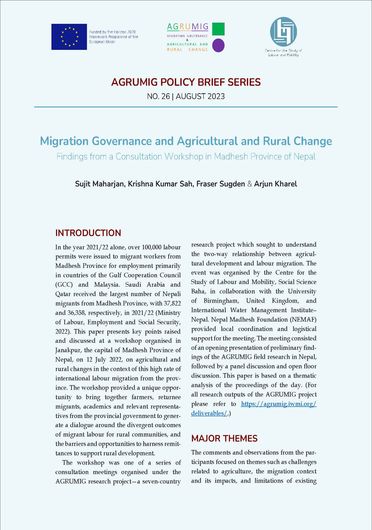 Migration governance and agricultural and rural change: findings from a consultation workshop in Madhesh Province of Nepal [Policy Brief of the Migration Governance and Agricultural and Rural Change (AGRUMIG) Project] (08/30/2023) 