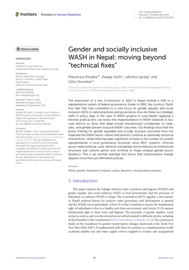 Gender and socially inclusive WASH in Nepal: moving beyond “technical fixes” (09/30/2023) 