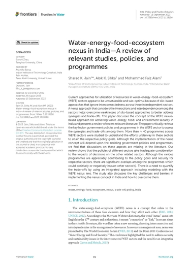 Water-energy-food-ecosystem nexus in India—A review of relevant studies, policies, and programmes (09/30/2023) 