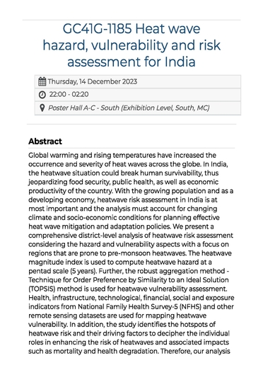 Heat wave hazard, vulnerability and risk assessment for India [Abstract only] (01/09/2024) 
