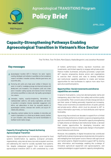 Capacity-strengthening pathways enabling agroecological transition in Vietnam’s rice sector [Policy Brief of the Agroecological Transitions for Building Resilient and Inclusive Agricultural and Food Systems (TRANSITIONS): Private Sector Incentives and Investments (PSii) for Climate Change, Resilience and Environmental Sustainability project] (04/30/2024) 