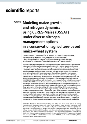 Modeling maize growth and nitrogen dynamics using CERES-Maize (DSSAT) under diverse nitrogen management options in a conservation agriculture-based maize-wheat system (05/31/2024) 