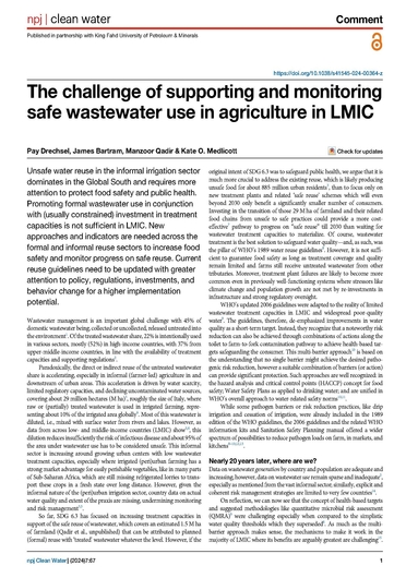 The challenge of supporting and monitoring safe wastewater use in agriculture in LMIC (07/24/2024) 